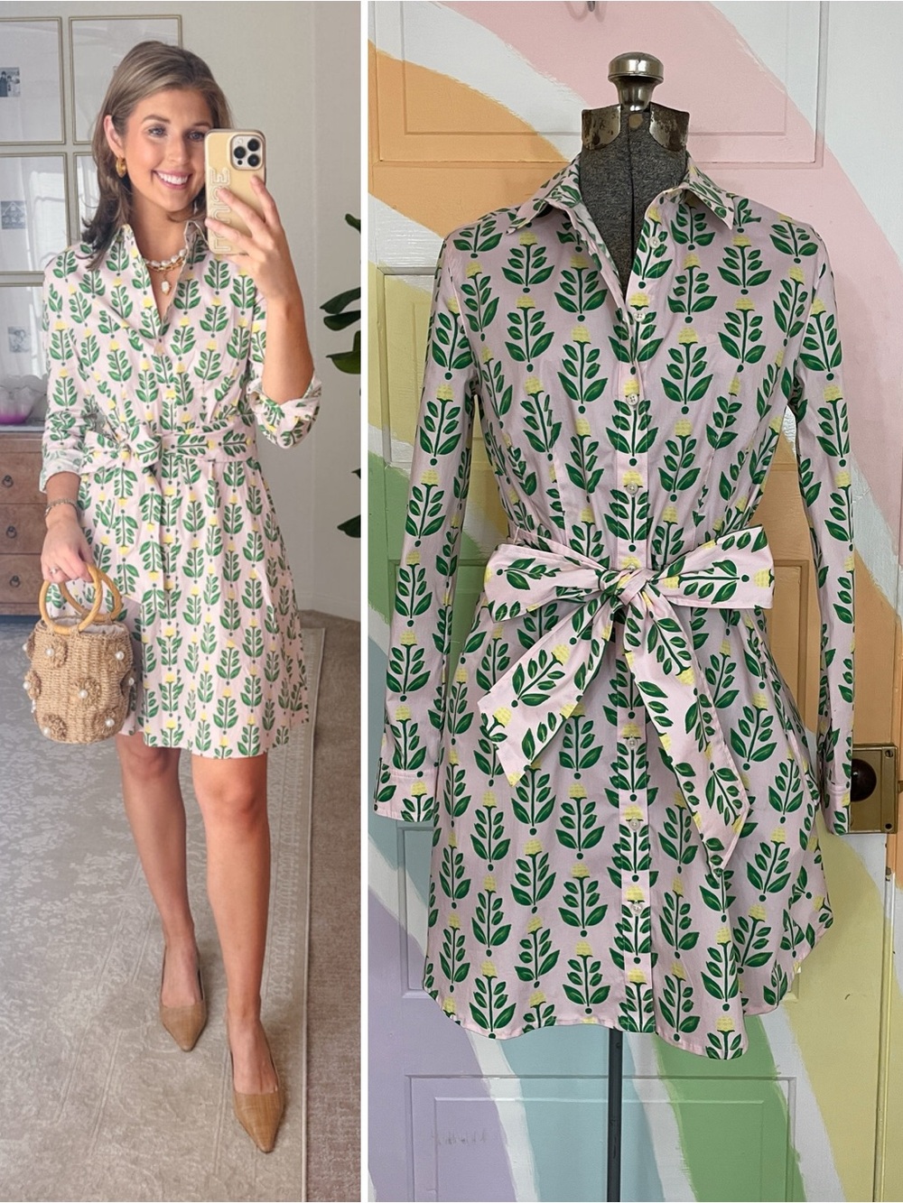 UNTUCKit Evelina Floral Belted Long Sleeve Shirt Dress Preppy Botanical Sz 0 🧡🎀